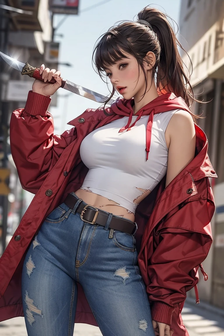 (masterpiece:1.2), (best quality:1.2), 1girl, <lora:PizzaDeliverySivir:1>, PizzaDeliverySivir, long hair, brown hair, ponytail, red hat, choker, black crop top, white shirt, short sleeves, cleavage, navel, denim shorts, belt, black elbow gloves, black fingerless gloves, (((red thighhighs))), pizza boxes, in a front yard, cobblestone path, buildings in the background