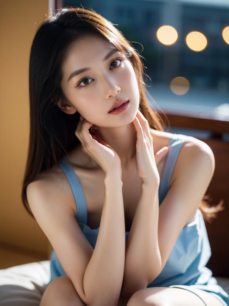 Gentle and charming Chinese beautiful woman, upper body photo, exquisite and sexy collarbone, charming oval face, double eyelids, smart peach blossom eyes, pink lips, small nose, bare shoulders, focused face, face close-up, ultra-high-definition, Super details, elegant standing posture, blue thin jacket with white top and casual cropped pants, it looks really intellectual, elegant and very fashionable