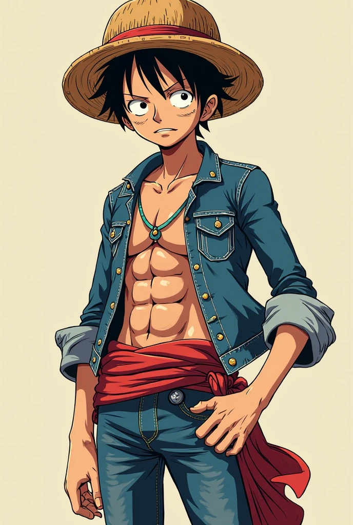 Luffy has black shaggy hair, round black eyes, and a slim muscular build. He is renowned for his trademark straw hat, which was lent to him when he was young by the legendary pirate captain, "Red-Haired" Shanks,[35] who in turn received it from Gol D. Roger.[43] Luffy wears an open, long-sleeved red cardigan with four buttons, with a yellow sash tied around his waist (somewhat reminiscent of Gol D. Roger's outfit). Luffy also has a (scar underneath his left eye), which he earned as a child by stabbing his face to show Shanks that he was tough enough to be a pirate.[44]