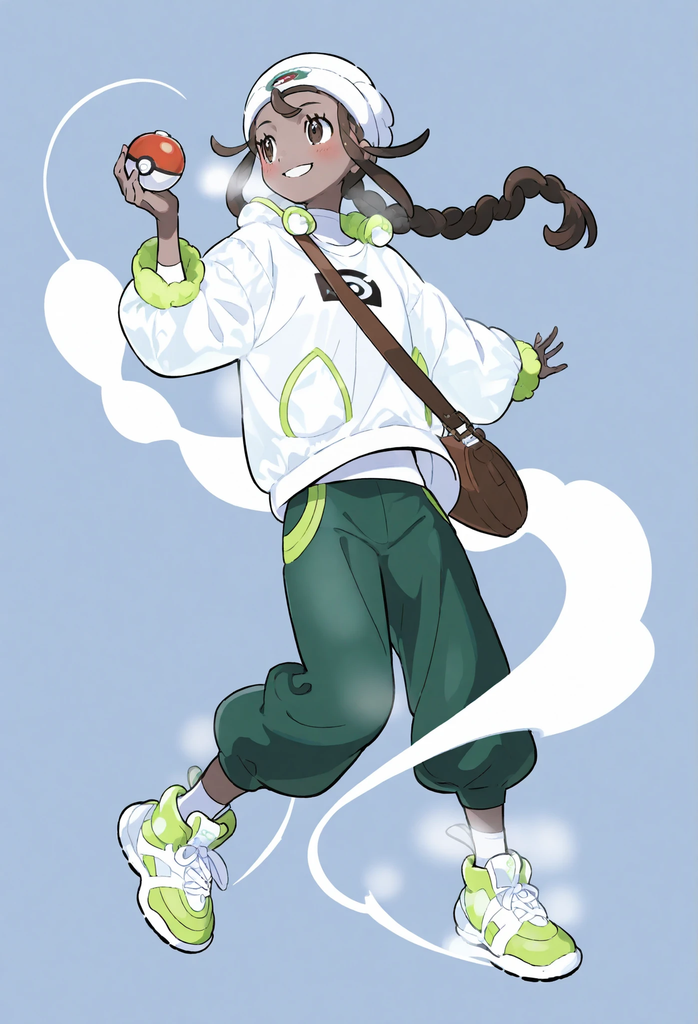  1 young girl ，brown double twist braid，character nearby， Pokémon style，white skin，cute，pure white t-shirt，light dark green plush open windbreaker，Full Body， long pants，winter，dynamic，cap,sneakers，solid color background，Smile，Poke ball ，Shoulder Bag，（brown hair），sweet，pure white background，Poke round background，（solid color background），（Dark green clothes），blush，（pale skin）
