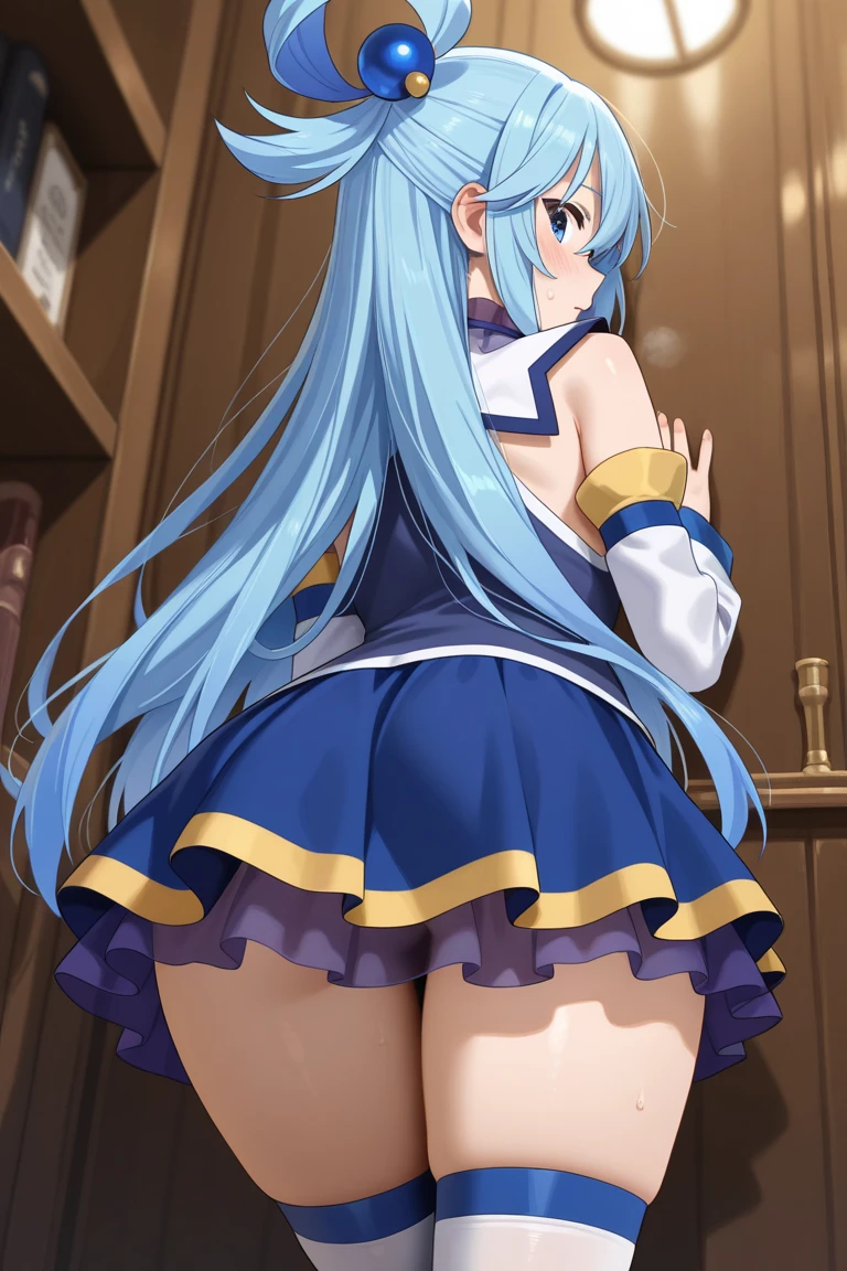 solo, 1girl, ksaqua, grin, looking at viewer, hands on hips, hair rings, blue shirt, bow, detached sleeves, skirt, thighhighs, bare shoulders, Big breasts, (ass focus:1.2)