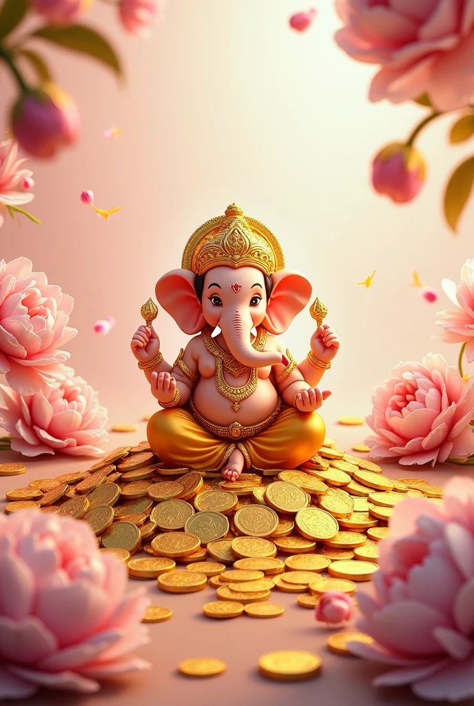 Lord Ganesha with gold coins and four leaf clovers