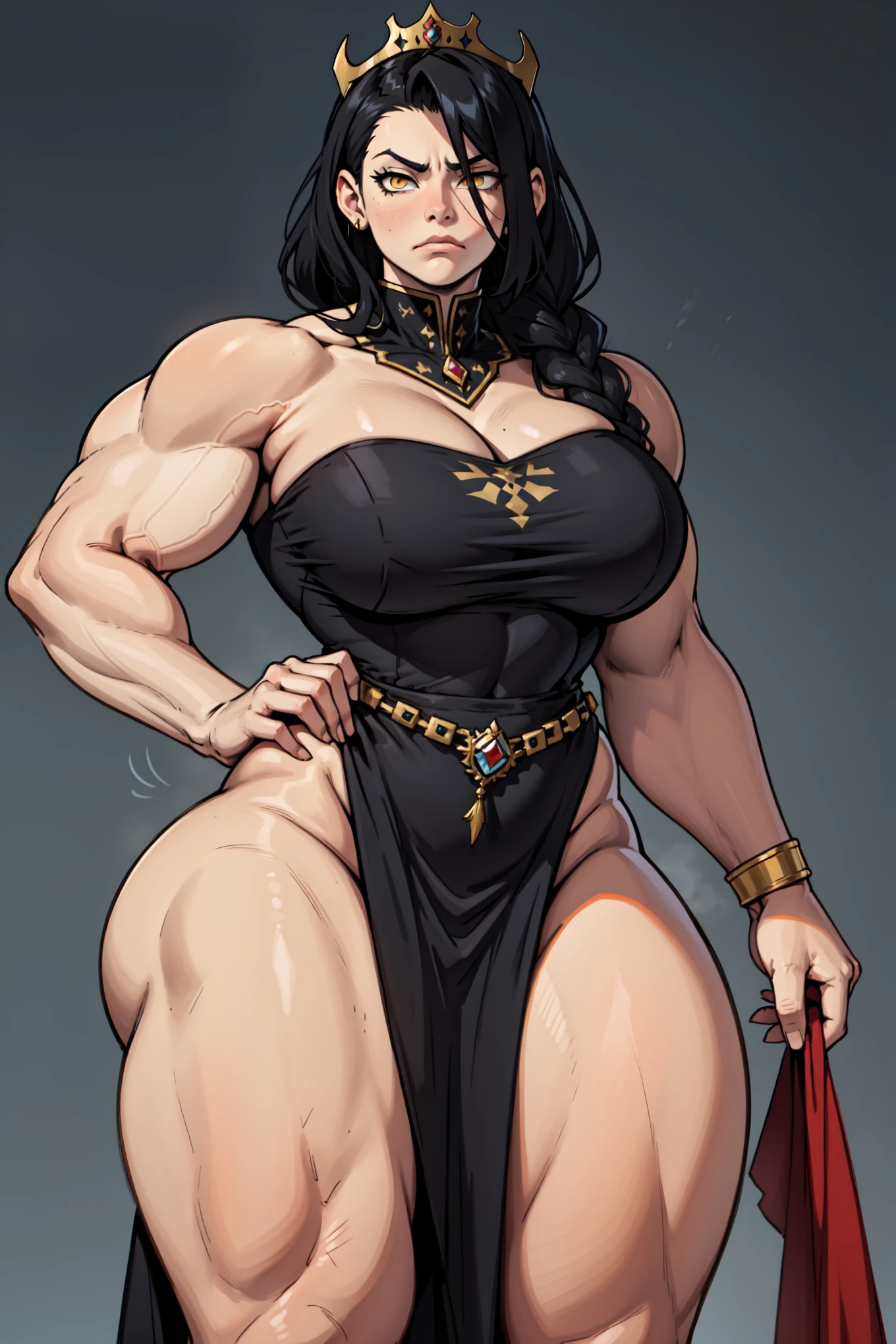 Cleopatra with extreme muscular body, gigantic muscular arms, gigantic muscular tights, samurai outfit, fair skin, black hair with ponytail and gigantic breasts.
