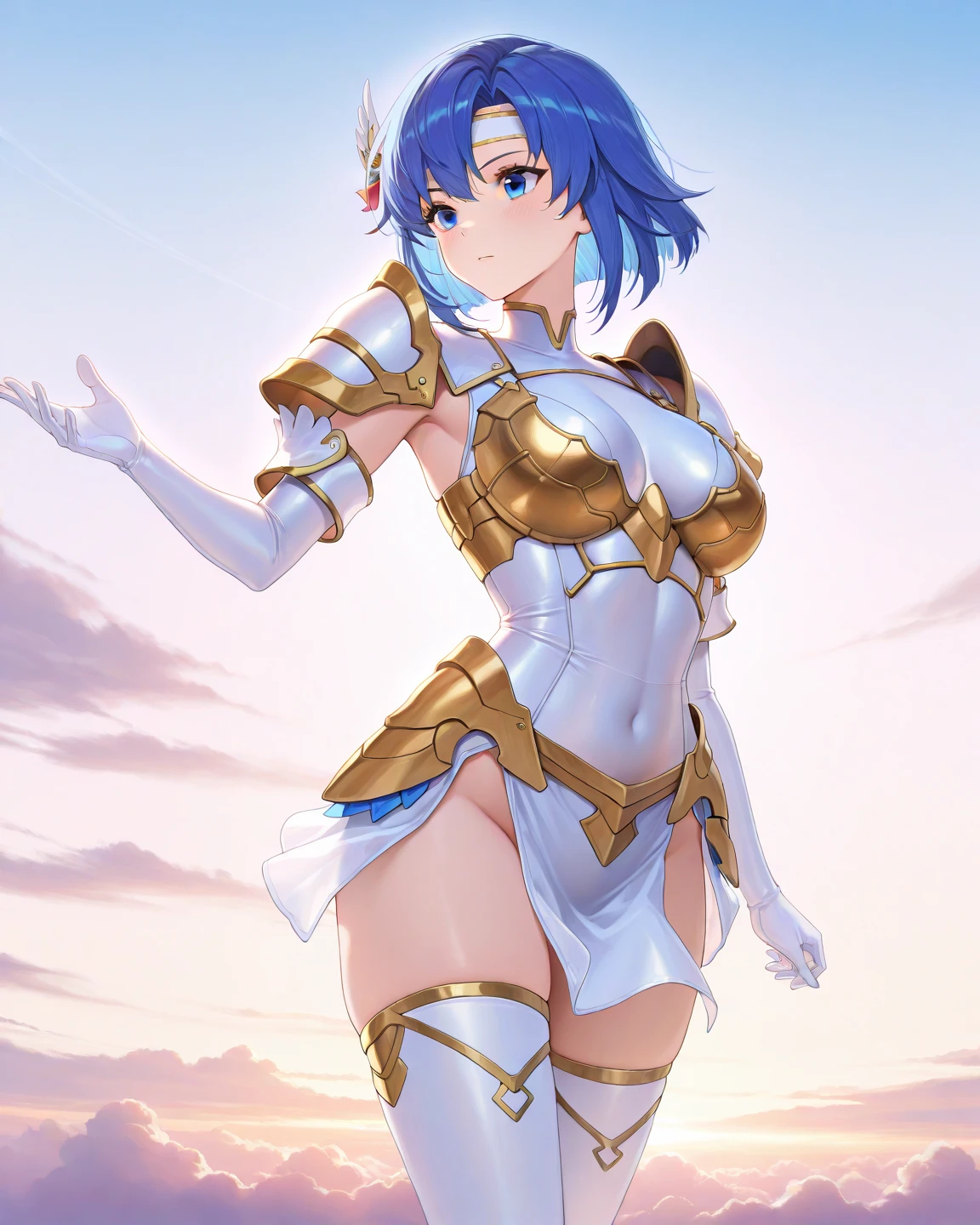 NSFW, masterpiece, highest quality, ultra high resolution, maximum resolution, very detailed, professional lighting, anime, Single women, thin, so beautiful, beautiful face,armored dress, Blue and white armor, , Golden decorated luxury tiara,Golden earrings,Frilly Armor,blue hair, blue eyes, Sword in hand,Scabbard on waist,Princess Knight,white underwear,standing in the wilderness