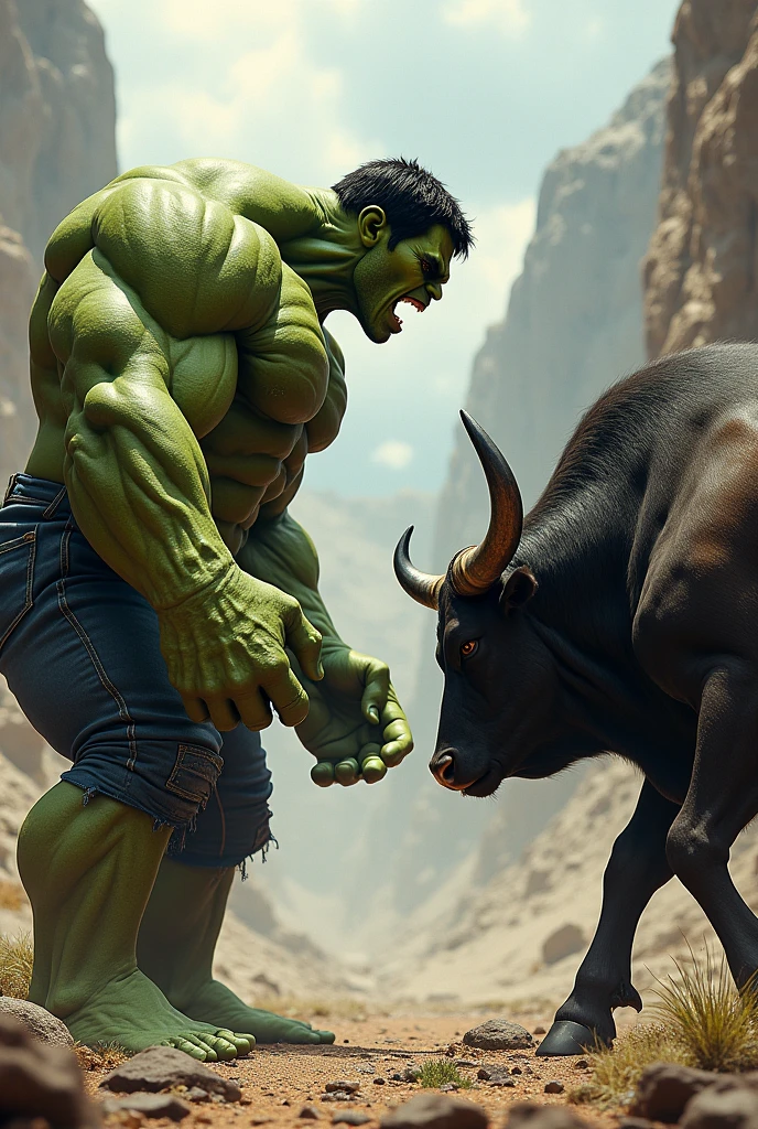 Realistic bull and  marvel hulk), detailed expressions of the bull, (imposing Marvel hulk), gritty deserted landscape, rocky terrain, muted earth tones, dramatic shadows, (highly detailed), cinematic atmosphere, wild and untamed vibe, lifelike textures, soft natural lighting, captivating and surreal composition, HD quality, powerful juxtaposition of eras.
