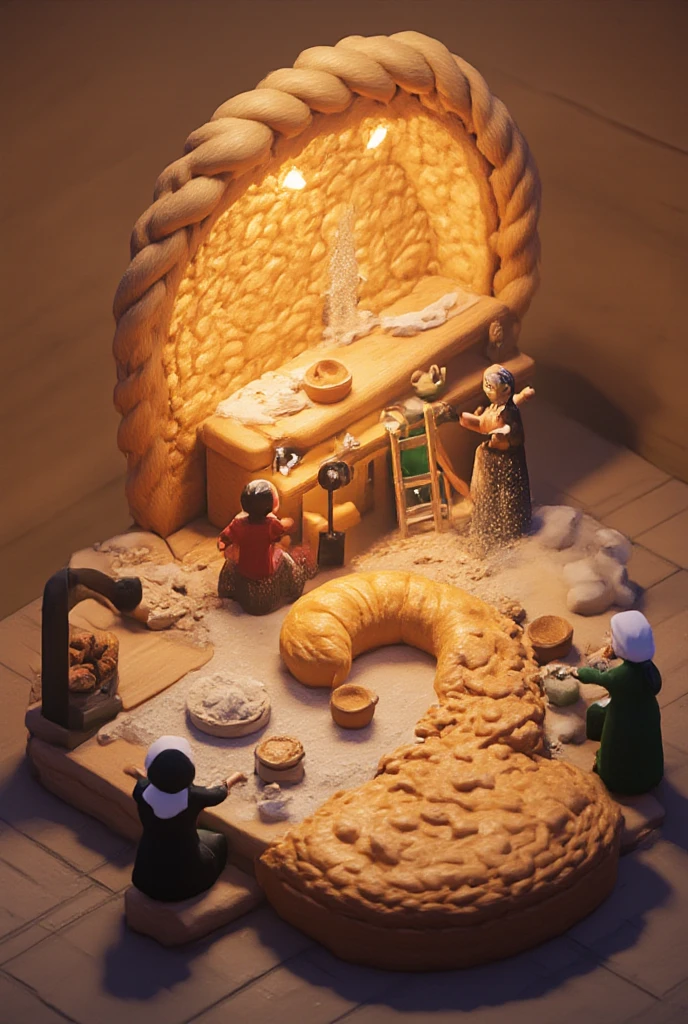 A hyper-realistic macro photograph of an enormous, handcrafted pastry with a beautifully textured surface. The pastry has a distinct crescent-like shape, with a golden, slightly glossy dough that appears both soft and delicate. The surface is covered in meticulously engraved, symmetrical patterns that resemble fine embroidery or intricate wave-like carvings, giving it an artisanal touch. The edges are tightly braided, adding an elegant, rope-like border to the design.

Miniature women, dressed in traditional clothing with headscarves, are working on the massive pastry, as if they are skilled artisans crafting a masterpiece. Some are standing on ladders, delicately shaping the fine details with precision tools, while others are kneeling near the braided edge, perfecting the patterns. A few artisans are seen sprinkling finely ground nuts or flour onto the pastry, enhancing its realistic and textural appeal. The warm, diffused lighting highlights the golden hues and intricate designs, creating a mesmerizing and surreal baking scene that blends hyperrealism with fantasy.