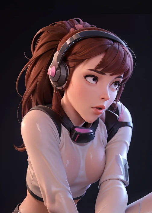 Masterpiece, Best Quality, High Resolution, 1Girl, Ultra High Resolution, Solo D.VA, Headphones, Pink eyes, Brown Hair, White Gloves, Face Decoration, Full Body Shot, Cute, Realistic, Cute Pose, Perfect Body, Cyber Punk background, wet street, Crop Top, Latex leggings, nsfw, cum, sexy, ahegao 