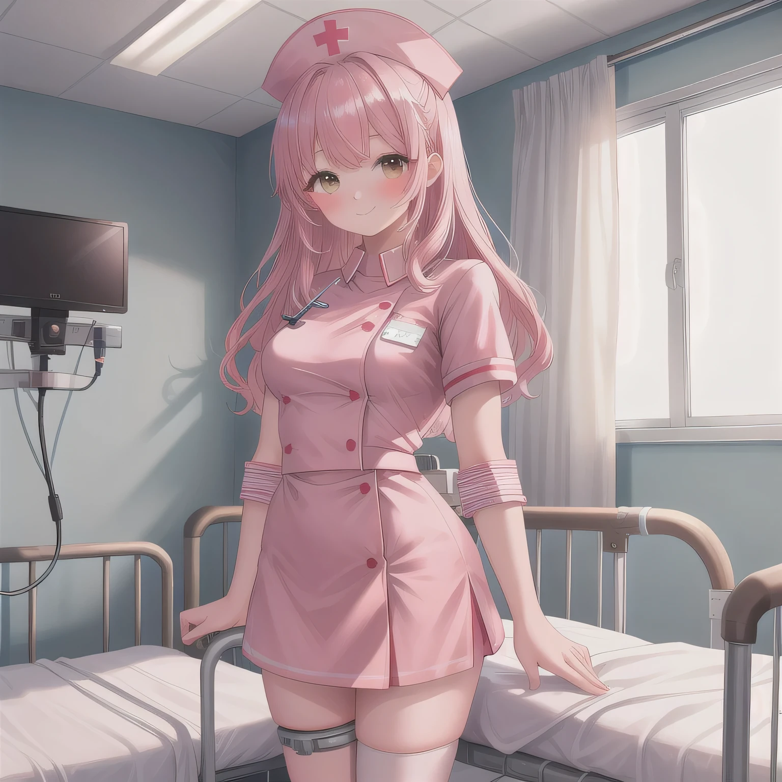 Full body, a nurse cap with red cross symbol, beautiful detailed eyes, beautiful detailed lips, extremely detailed face, longeyelashes, medical uniform, clevage, short skirt, medical equipment, holding a clipboard, standing in a hospital interior with blurred background, professional, photorealistic, cinematic lighting, epic, dramatic, intricate details, highly detailed, masterpiece, 8k