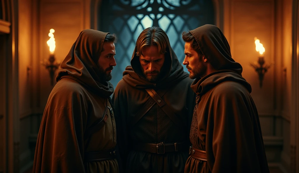 a young handsome european man black hair short beard blue eyes wearing a black noble cloth with hood cover his head with black gloves with a group of men in the council meeting room at night with picture of a king on the wall, cinematic