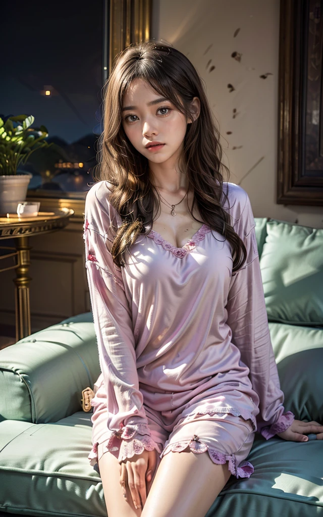 Dame, posant de manière séduisante pour le spectateur, seulement:1, Point de vue, De belles cuisses épaisses,
fond de quartier rouge, cheveux longs, 3/4 corps, pyjama très léger