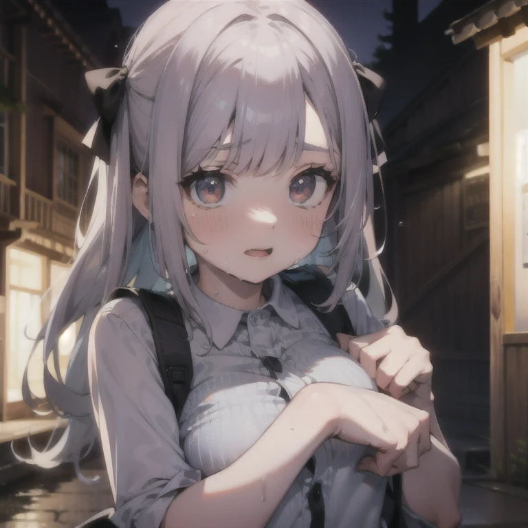Young girl with grey hair, ((fringed and curly hair)),((curly short twintail)), curly hair ,(red eyes),, ((small bushy eyebrows)), wearing gothic lolita clothing, lolicon , walking to school, bored look, bored face, girl sucking penis cum bubbling out her mouth, in a street, girl giving a deepthroat blowjob to male, multiple vignettes