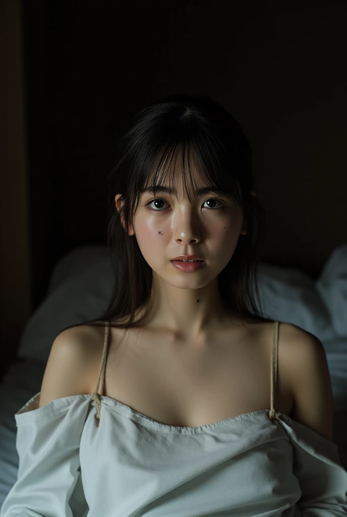Cute Japanese Looks kind 20-year-old Exposed Skin Large Breasts camisole Lying on the bed Selfie Dark room at night Room for living alone 8k Black hair shoulder length bob cut No makeup