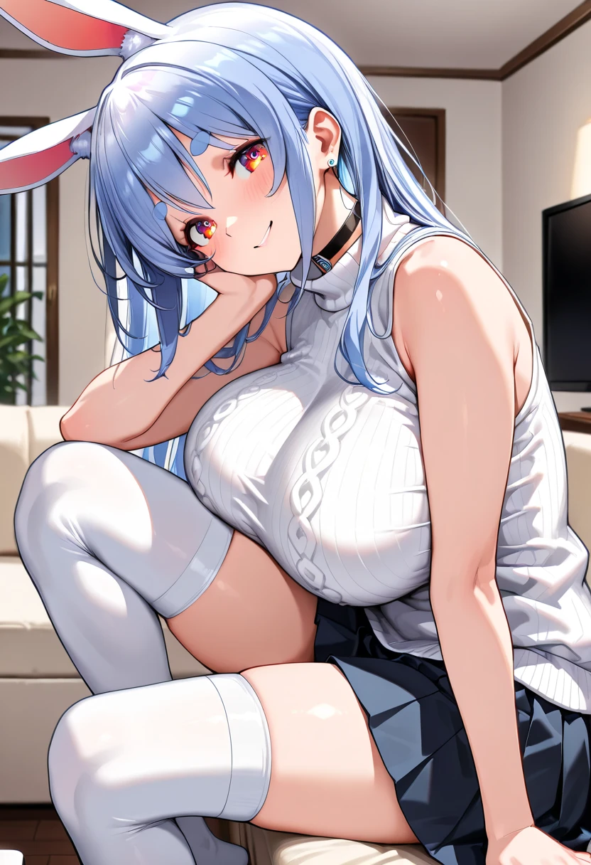 masterpiece, best quality, 1girl, <lora:zenaprison-nvwls-v1-000009:0.8> zena, ahoge, twintails, hairband, hair ornament, large breasts, pink t-shirt, black pants, sitting, serious, couch, looking at viewer