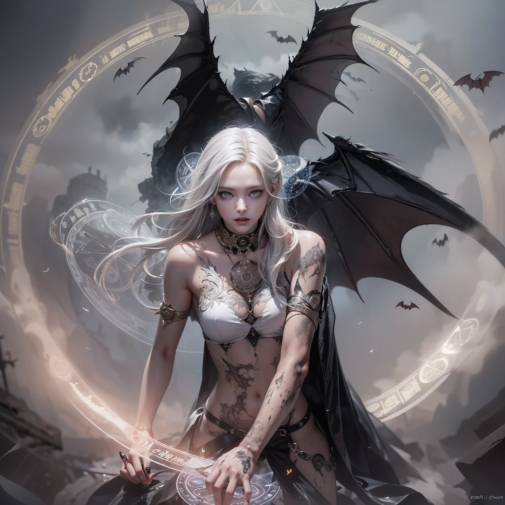(suspense scene ((CONCEPT ART)), extremely detailed), ((American photo)), Kelly is a beautiful German woman, (((White Hair))), (((Demon Horns))),  in the style of a Heavy Metal magazine cover, sexy barbarian, high detail face, high detail skin, fit athletic body, Heavy Metal aesthetic, ((tattoos)),walking with determination, (wearing weapons and explosives), ((extravagant breasts)), Large breast:1.8, heavy intense makeup, ((bodybuilder abs)), (better lighting, better shadow, an extremely delicate and scary), (digital illustration), ((4k painting)), [(dynamic angle,((1girl)),white hair, (beautiful face, perfect face, scared,) expression of fear, torn clothes, a gun in hand, darkness, scary house), [:(dark, mysterious, game paint, sinister setting, jagged corridors, big house, deadly silence):]Futuristic sci-fi post-apocalyptic world, beautiful female evil creatures, madmax movie ,brutal violent dark cyberpunk dramatic background, high quality, masterpiece, realistic photo, intricately detailed, 8k, HDR, shallow depth of field, wide light, high contrast, backlight, light flares, chromatic aberration, sharp focus, RAW color photo, looking at the camera, erotic pose