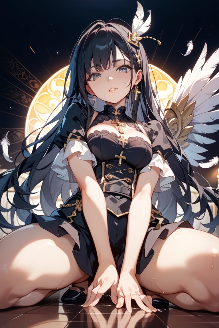 Two-dimensional, a girl, girl, fair skin, black hair, hair between the eyes, long hair, scattered, hair blown up by the wind, ((green eyes)), deep eyes, watery big eyes, smile, gentle, sister fan, sister, white angel wings, angel halo, angel, white angel feather skirt, white stockings, white chain high heels, high-grade lighting, exquisite picture, exquisite eyes, best shadow, best picture quality, best light, rich details, atmosphere, high resolution, masterpiece, Church, Sacred, Prayer, (Leg Holding), Head Tilt, Rich Detail, Fine Background, ((Full Body Shot)), Face Optimizer, Eye Optimizer