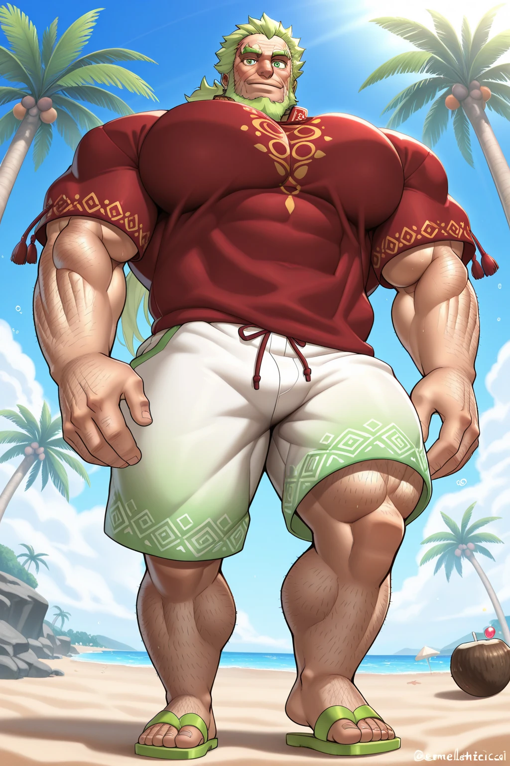 Big broad shouldered muscular man blond, Blue eyes, Huge torso, high growth, wide biceps, full height, shorts, beard, Gold watch on the arm, In sunglasses