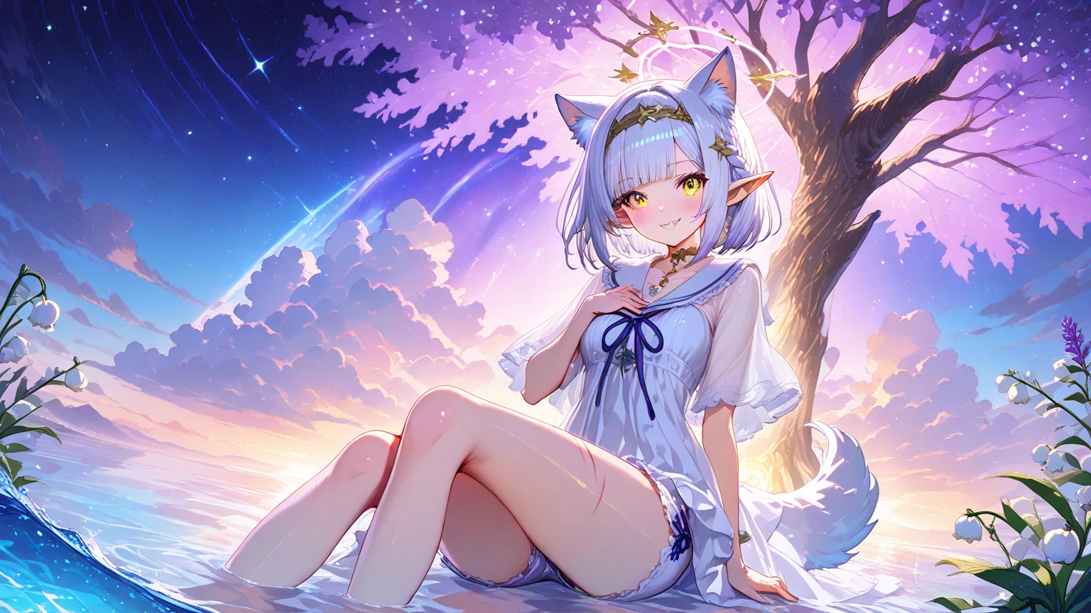 1girl,fantasy,twilight forest,merchant,{thighs with vine},beautiful breasts,{{{white cloth with plutinum vine}}},fluffy fox tails with ribbon,campanula,silver hair,short bob cut,{{fennec ears}},naughty face,night,Arms behind,sweet perfume,Dryad,