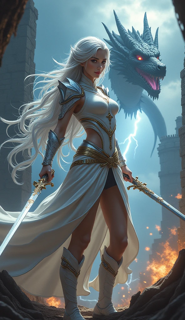 Silver haired Goddess with deep blue eyes claded in white and gold enchanted armour holding a sword fighting a swarm of monstersHigh Resolution, Breasts, Blue eyes, Long Hair, Silver Hair, POV,