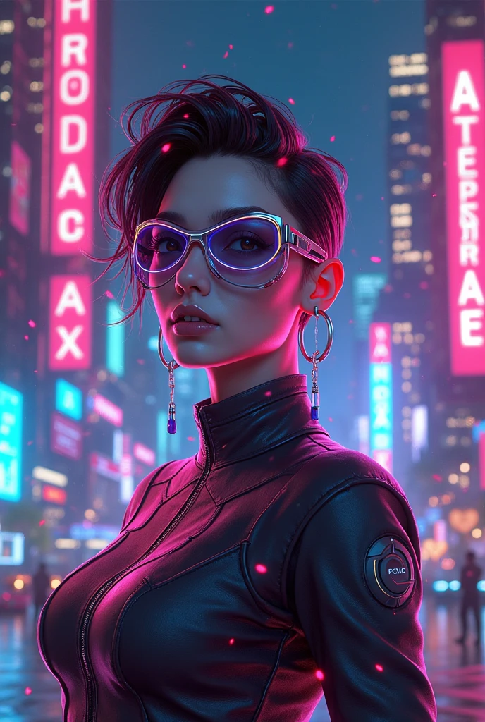 4K, wallpaper, resolution 3840x2160, A high resolution, Best quality at the best price, masterpiece, Perfect colors, perfect shadow, perfect lightning, ((portrait)), 1 Female, fitter, muscular body, glowing eyes, high detailed eye, Dark blue hair , Blue eyes, With round lenses, Details in the eyes, The audience watched attentively, (s face: 1.2), perfect female figure, ((stand)), ((neon pink crop top leather suit)), ((shy and looking at the viewer)), (Perfectly dense, white eyebrows) soft fur, Details face, is the perfect face, On a fantasy planet , (model pose stand), energetic background, perfect city skyscape, Lighting mood, ((Bonifasko lighting)), (The round lenses on his eyes)(detailled eyes), Perfect student, face close up