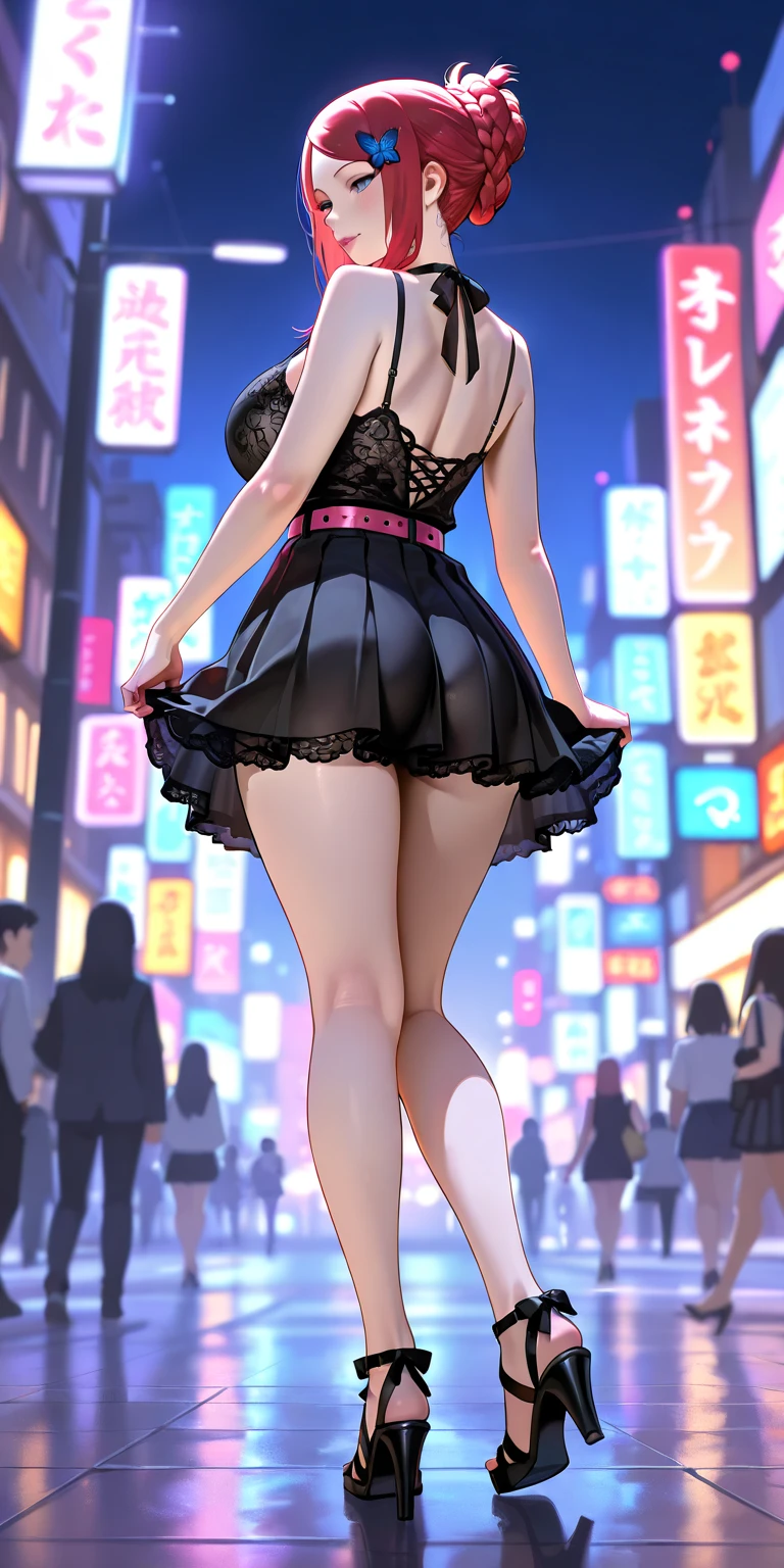 girl in dress seen from behind, ((marked butt)), upskirt, sexy underwear, cityscape, medium breasts, ((detailed face)), blush, ((very detailed)), perfectly detailed face, detailed hand, photorealistic image.