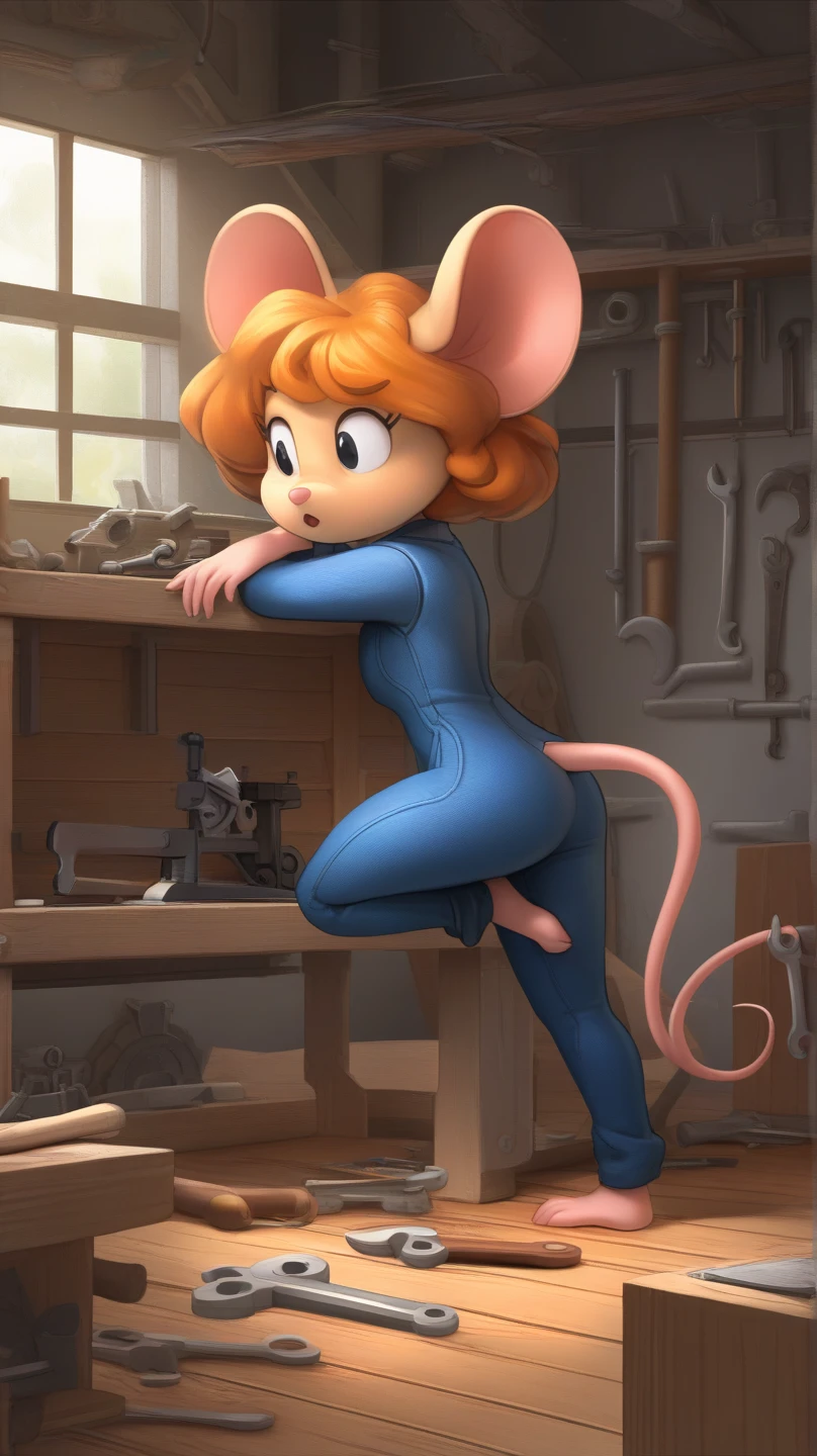 score_9, score_8, score_7, score_6, gadget, cartoon, mouse tail, holding a wrench, fixing a machine, crotch,  pussy, pussy viewed, torn pants, surprised,  bend over, from behind, ass focus, surprised, looking at viewer, girl stuck in vehicle, aircraft, covering crotch, from behind
