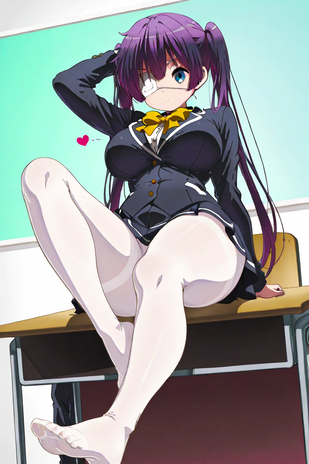 1girl, ultra high res, large chest, cleavage, playboy bunny girl, bunny ears, black stocking, very low angle pov, feet , raise leg