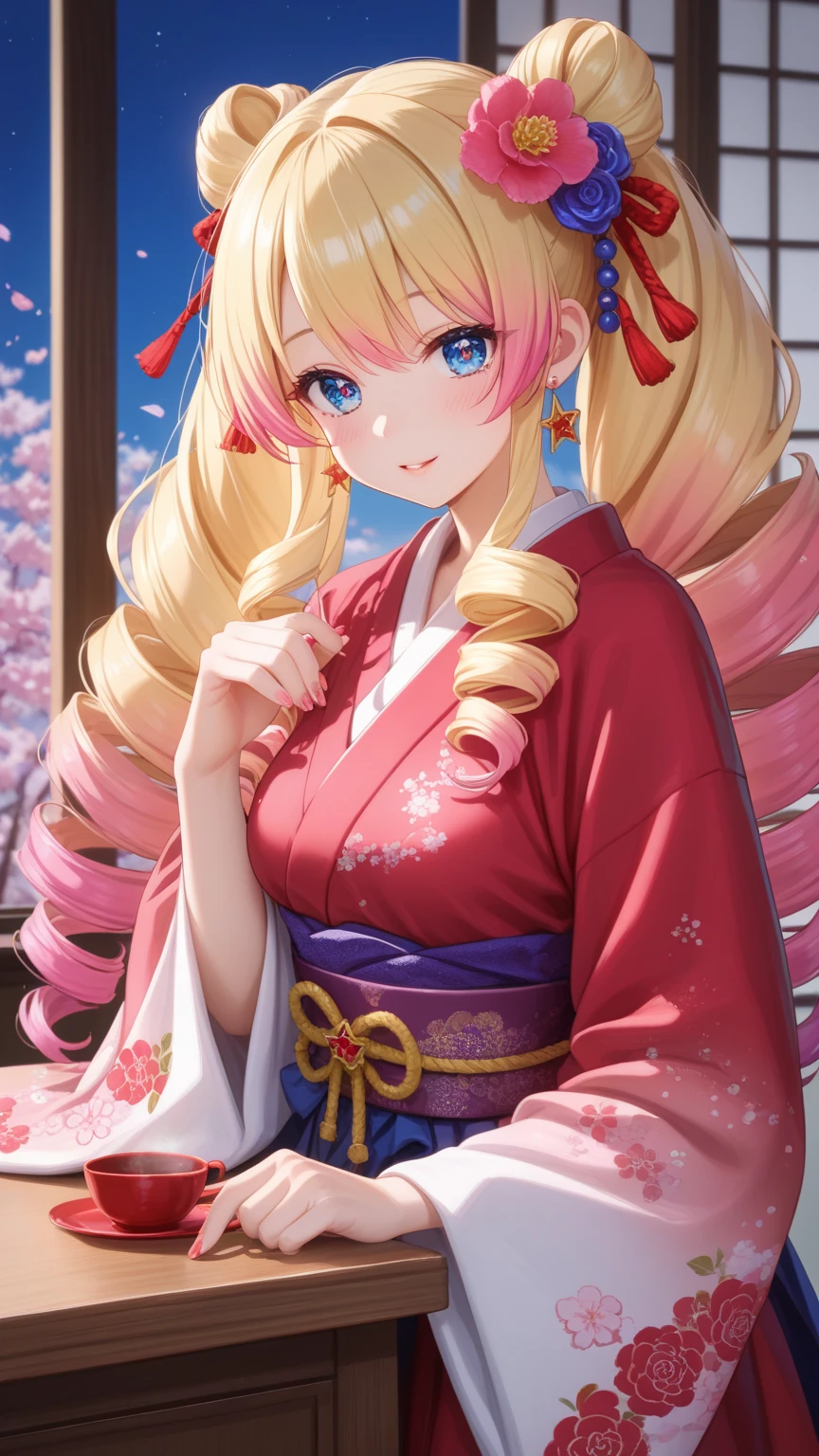 masterpiece, detailed, high quality, absurdres, kotoka, 1girl, solo, blush, multicolored hair, blonde hair, pink hair, medium breasts, curvy, wide hips, groin, japanese clothes, oil-paper umbrella, cherry blossoms, east asian architecture,