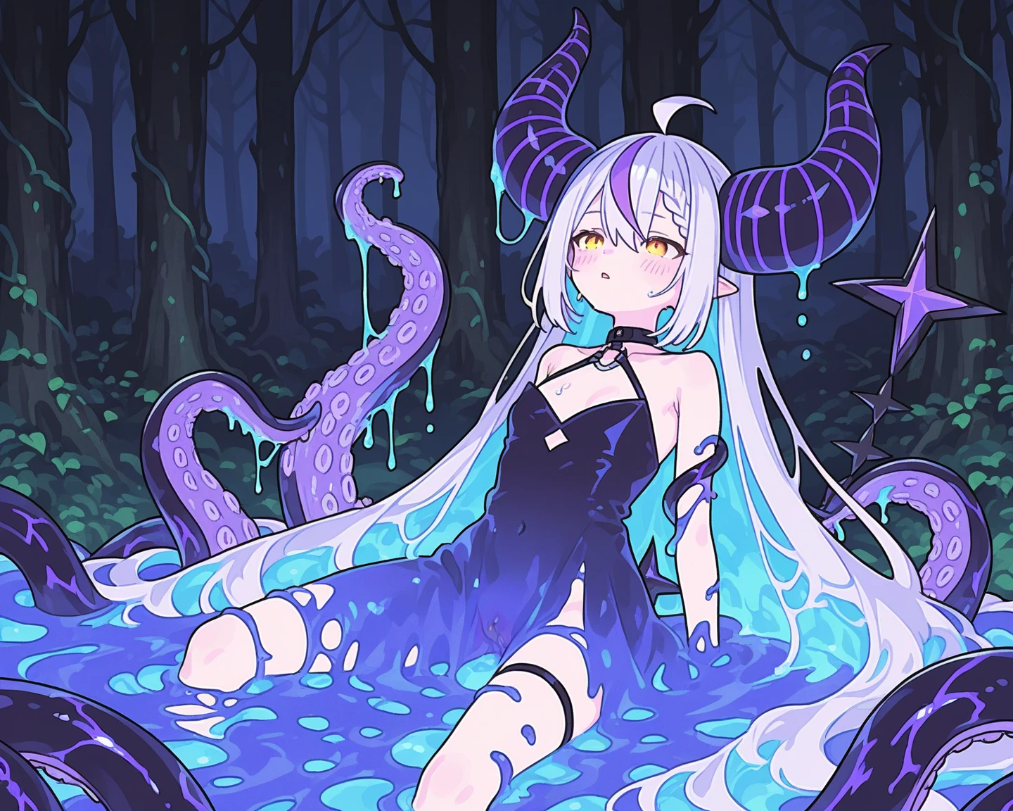 Quality; (((masterpiece))), (((best quality))), ((ultra-detailed)), (illustration), ((an extremely delicate and beautiful)),((perfect anatomy:1.3),extremely detailed cg unity 8k wallpaper,emphasizing beautiful body lines,nsfw,(more_details:1),
Settings; 1girl,
Character;{abigail williams (third ascension) (fate)}, hmaw3,
Body; medium breasts, ((black tentacles)),petite:1.6,tongue out,open mouth,long tongue,
Skin;beautiful skin,(pale skin:1.4,purple skin:1.4),glossy skin,oily skin,
Eyes; (beautiful detailed eyes),red eyes,smile,ecstasy,
Hair; beautiful detailed hair,silver hair,long hair,tentacle hair,
Composition; (depth of field),full body,
Background;perfect lighting,abyss,
Pose;(Inserting tentacles into the anal,Tentacle ,produce tentacles from the anal),TENTACLE SEX, On all fours with her backside ),
Clothe;(Viscous liquid all over the body,spraying body fluids),(liquid dripping from the vagina:1.2),