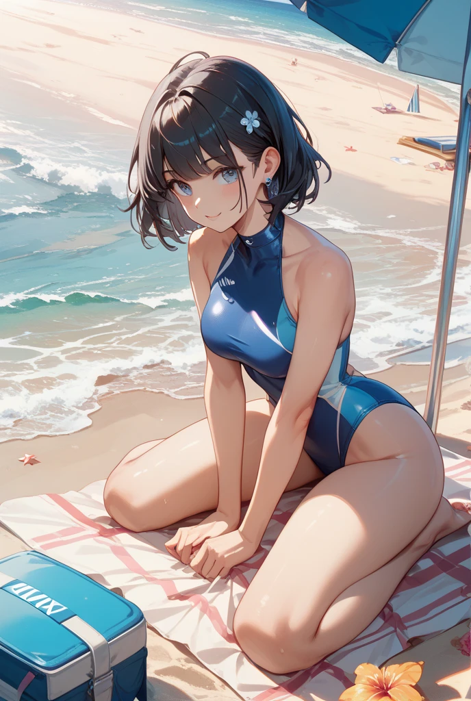 (masutepiece:1.2), (Best Quality:1.2), hyper detailed illustration, beautiful artwork, (extremery detailed CG, 8K Wallpaper、​(exquisite lighting and shadow)、(highly dramatic picture)、(cinematic lens effects)、Young woman is sitting on the beach and wearing a school swimsuit, Some wear dark blue school swimsuits, 1girl in, Swimsuit, Solo, (dark blue school swimsuit:1.3), onepiece swimsuit, Covered navel, Black hair, Looking at Viewer, breasts, Barefoot, Outdoors, Black hair, Pony tail, Tsurime, School swim wear, day, small breasts bangs, (Wet), (light glow), (A big smile:1.2), (straggling hair), Shiny hair, (Lens Flare), (Head tilt:1.1), (Sweat:1.2), (light glow:1.2), (strong lights:1.2), (Bokeh:1.2), (Navy Blue School Swimwear), (Brown eyes:1.1), (Legs hugging themselves)，Sandy beach，,Navy blue school swimsuit,Navy blue school swimsuit，