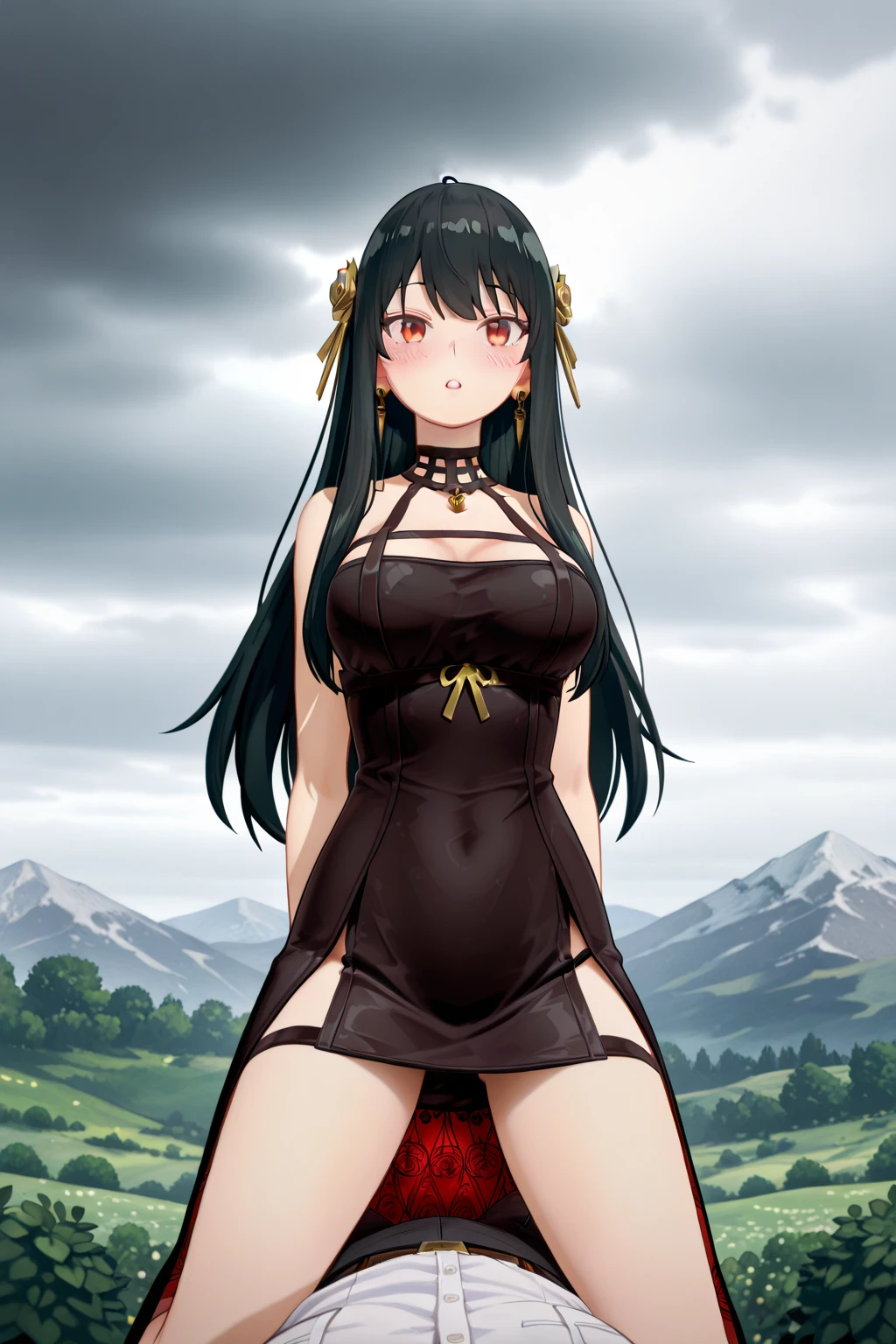 A woman wearing a bronze-colored low-cut dress, bronze-colored heels, long black hair, bronze-colored flower in her hair, moss green eyes, full body, large breasts, walking in a field of bronze flowers, autumn lawn, wide view, background with a big river and mountains, smiling, daytime place with sky and clouds,Surrealism, drop shadow, atmospheric perspective, bloom, 8k, super detail, ccurate, best quality, UHD, anatomically correct, textured skin, high quality, highres, best quality ( solo woman)