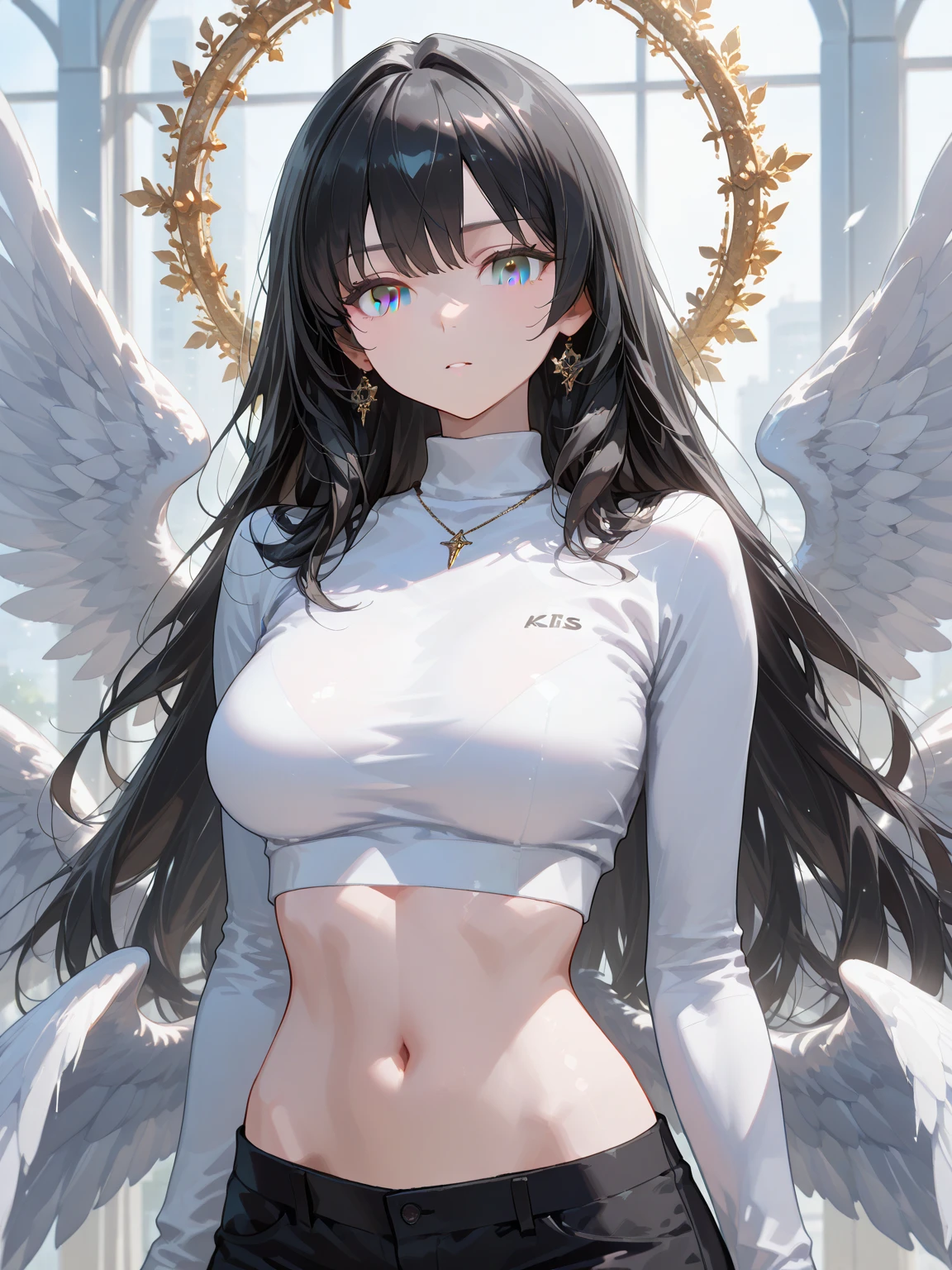 ((nsfw)),((gigantic breast: 1.5),(masterpiece, best quality),((high resolution 4k)), 1lady, solo, (white Scales, body cover with scales), halo, wings,fallen angel, black hair, loose waves, red eyes,wet white sheer top crop top,short sleeve,wet very short white shortpants,white stockings,white thigh highs,standing