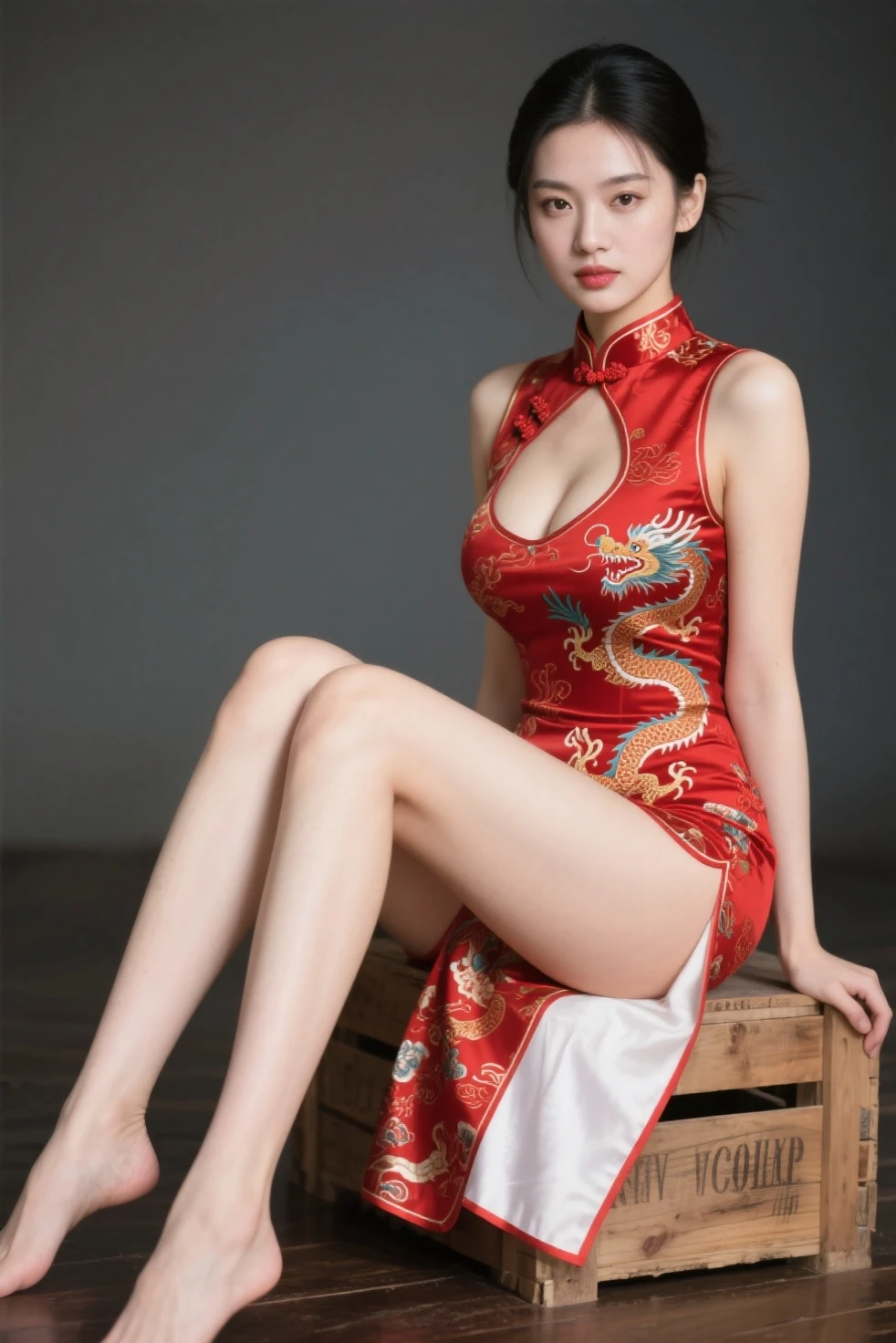 (realistic:1.3), finely detailed, quality, rembrandt lighting, (masterpiece:1.2), (photorealistic:1.2), (best quality), (detailed skin:1.3), (intricate details), dramatic, ray tracing, 1girl, chinese girl, 21 years old, detailed skin texture, (blush:0.5), (goosebumps:0.5), subsurface scattering, smiling, medium breasts, short hair curls, bangs, hair between eyes, lun4r_dr3ss,sexy, red cheongsam, gold embroidery, long sleeves, cleavage cutout, large ornate headdress with gems, high heels, full body, (bright sunny day, outdoors, (on the great wall of china, mountains, sky:1.2)), <lora:lun4r_dr3ss-06:0.8>