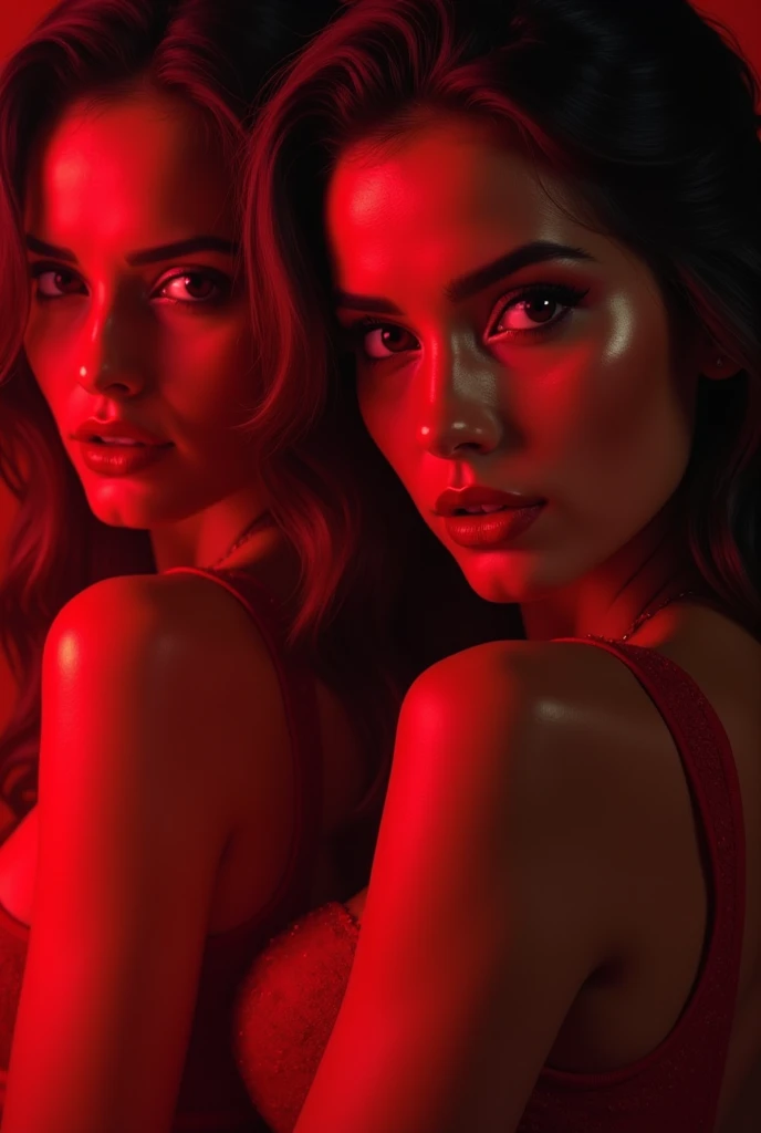 Two sensual masseuses from Rio taking photos together like models in a massage clinic, with red lights