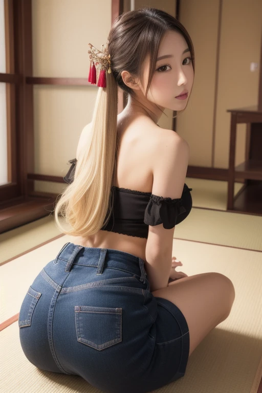 Japan idol in black garter stockings lying on luxurious bed with white sheets, A 23-year-old Japan goddess who is about to、brownish blonde hair、Voluminous long hair、Wearing stockings, View from behind, garter stocking, Thin black lingerie, picture from behind, View from the back, photo taken from behind, backlighted, Wearing garter stockings. sideview, backlighted, backview, Thin panties, beautiful angle, Seen from behind、, picture from behind, Turning backwards、Panties are soaked、Thin panties、ultra -detailed、ultra hyperrealistic、最好的质量