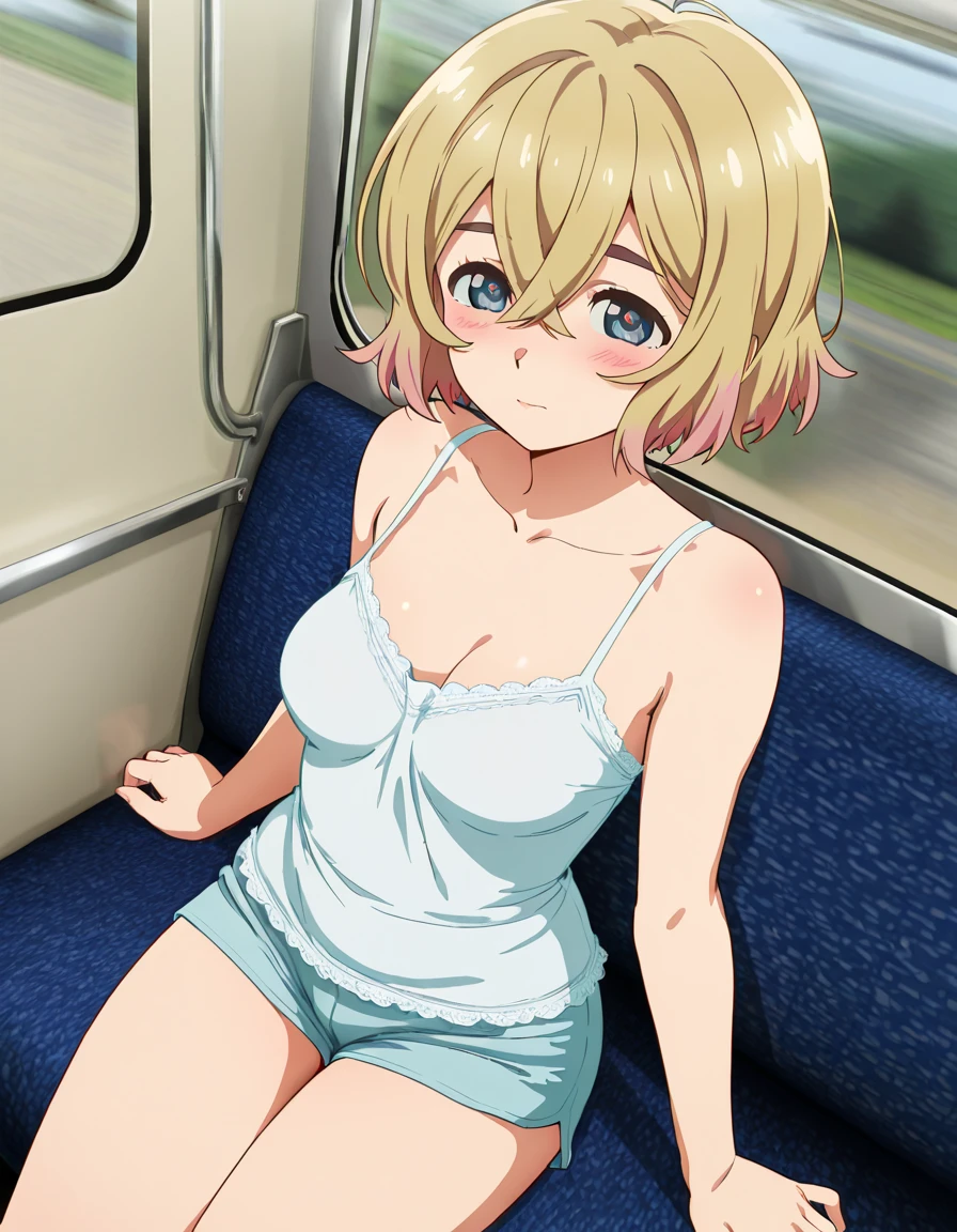 1 girl, solo, Ito, hood with animal ears, white hoodie, blonde hair, glasses, multicolored hair, blue polka dot panties, purple eyes, short hair, aqua skirt, socks, sitting on gamer chair, 