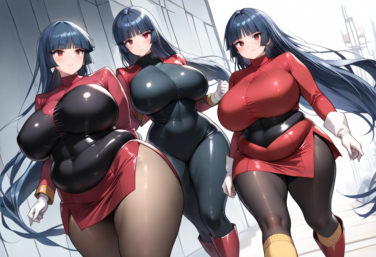 (3 girls),(Taimanin style:1.0),Female ninjas standing side by side,wearing a brightly colored bodysuit,(front:1.2),(whole body:1.5),(Big eyes),(beautiful eyes),(beautiful face),(detailed face),(smile),(muscular:1.0),(sensual:1.0),(thick thighs:1.0),(Body moistened with sweat:1.2),(The background is the city at night:1.5),(blur background:1.2),(master piece,highest quality,ultra high resolution,Super detailed,8K),wallpaper