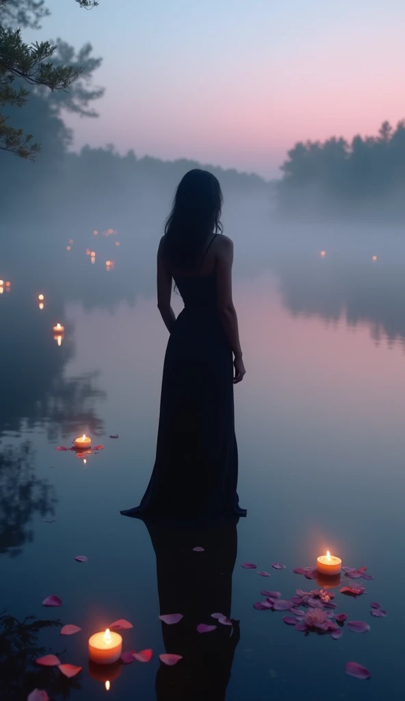 A 35-year-old woman standing confidently in an elegant evening gown on the edge of a serene lake during twilight. She gazes thoughtfully across the water, with the soft glow of the moon reflecting on the lake's surface. Her pose is graceful, with one hand gently resting on her waist and the other lightly touching her neck, highlighting her refined beauty. The camera captures her from a slightly elevated angle, emphasizing her silhouette against the tranquil water. The background features tall, shadowy trees, delicate ripples on the lake, and faint stars beginning to appear in the deepening sky. Photographed with an 85mm lens, the image merges her elegance with the peaceful ambiance of nature. High details, high quality, textured skin, anatomically correct.