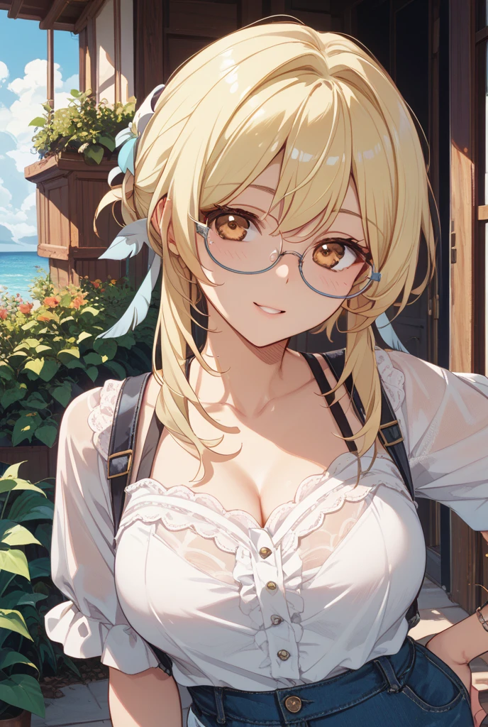 Highest quality,masterpiece,8k,Anime Style,Blonde with blue eyes、Black-rimmed round glasses,camisole、race,White camisole onepiece dress,White mini skirt,Cleavage,Side view,Large Breasts、Twin tails、Cute eyes,sun hat(sun hat)campsite,evening,Smooth thighs,Accentuate your breasts,