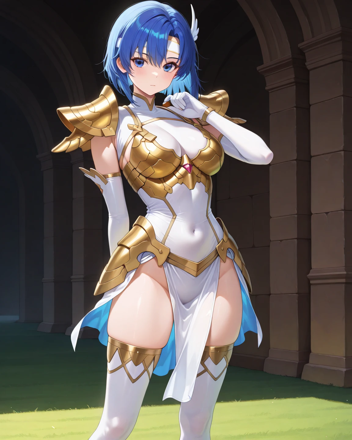 "(masterpiece:1.1), best quality, NSFW, 
1girl, (80s anime style:1.3), (eyelashes:1.5), (loli:1.2), 
(intricate high detailed body:1.2), 
blonde hair, (hair over one eye:1.1), (short hair, twin bun:1.1), (animal ears:1.2), 
brown eyes, 
(pale skin:1.3), (slim body:1.1), (medium breasts:1.1), 
(angry, smile:1.2), 
(silver embroidery leotard armor:1.2), 
(knight armor, armored boots, capelet:1.2), (hoop earrings:1.1), gloves, 
standing, arms behind back, 
(upper body, cowboy shot, looking at viewer, from front:1.1),
(daytime, grassland, outdoors:1.2)"