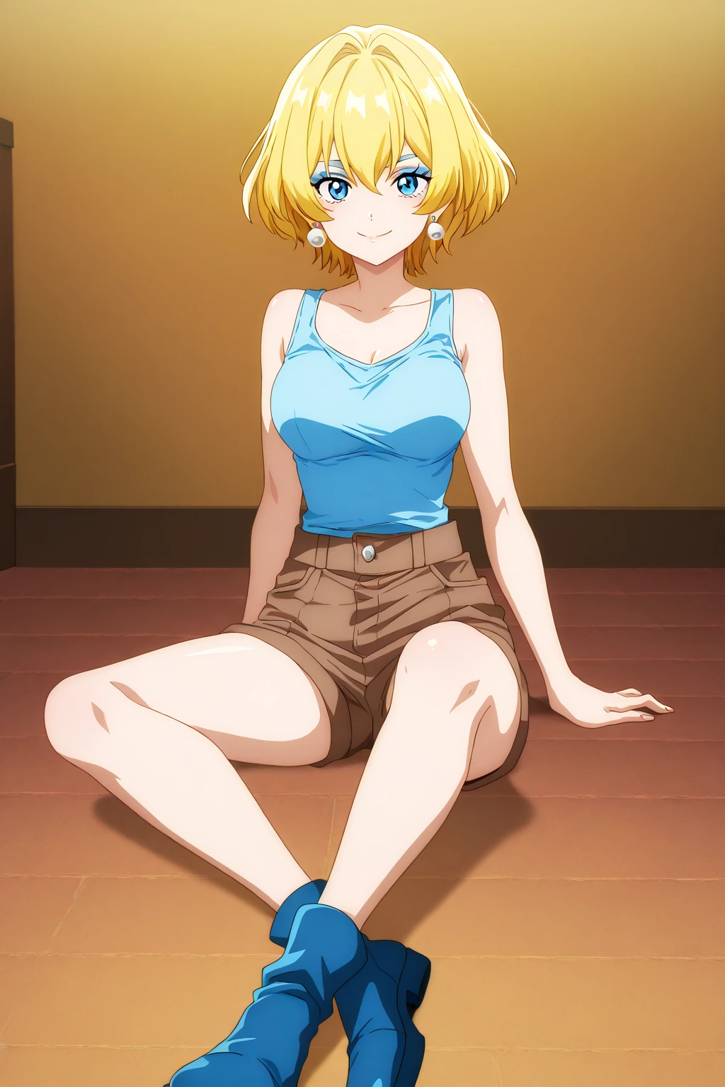 (Best Quality, Masterpiece:1.4), (Absurdres:1.2), 1 girl, Solo, erasa, blonde hair, blue eyes, gold earrings, gold bracelets, cleavage, small breasts, pink dress, strapless pink tube dress, sitting on a green couch, indoor room, smile, looking at viewer, cowboy shot
