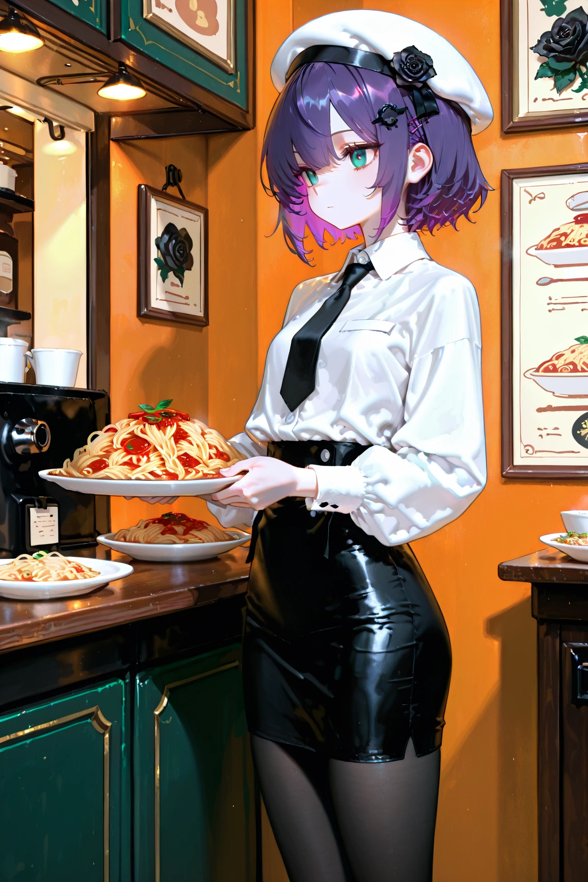 ((Masterpiece)), best quality, absurderes, ultra detailed, holographic, cowboy shot, dynamic pose, golden ratio, super cute girl, mature girl, extremely beautiful, super beautiful asian girl with super beautiful brown shiny eyes, super petite and sexy body, super beautiful legs, super beautiful brown multicolored short hair, high ponytail, shiny and super beautiful skin, nice and sexy body, slim and delicate body, perfect body, wearing a super tight black short sleeve crop top, bare shoulders, super tight translucid black leggings, hot panties, fox hairband, being photographed in a popular kawaii food court