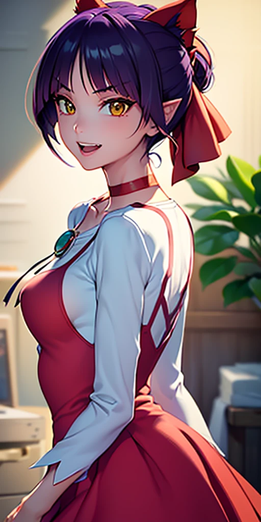 cowboy shot, solo, 1girl, shiba kuukaku, (prosthesis, prosthetic arm:1.2), smile, closed mouth, looking at viewer, red dress, bandages, cleavage