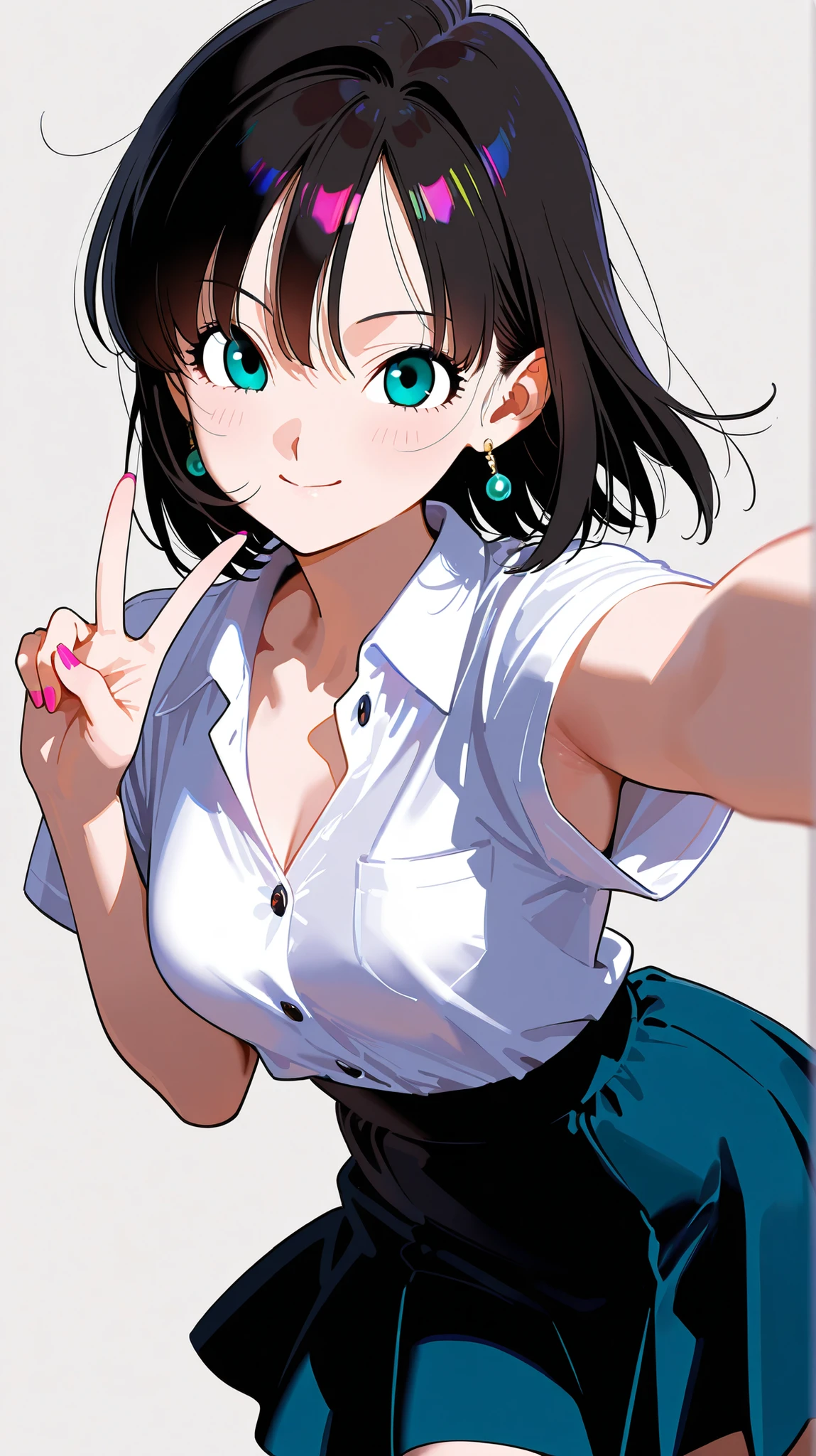 masterpiece,top quality,Super Detailed、high definition、8K Quality、simple background、Adult, toned body、Fantasy world clothes、Fight motion、Combat style、Dynamic、confront the enemy、nail、Let's talk a secret、kiss、moving violently、HAIRCOLOR random、Smile Yan、beautiful eyes、Dragon Ball、throw kiss、Colorful、Smile Yan、shining eyes、peace sign、button shirt showing chest、Smile Yanの口、fluttering skirt、Selfie