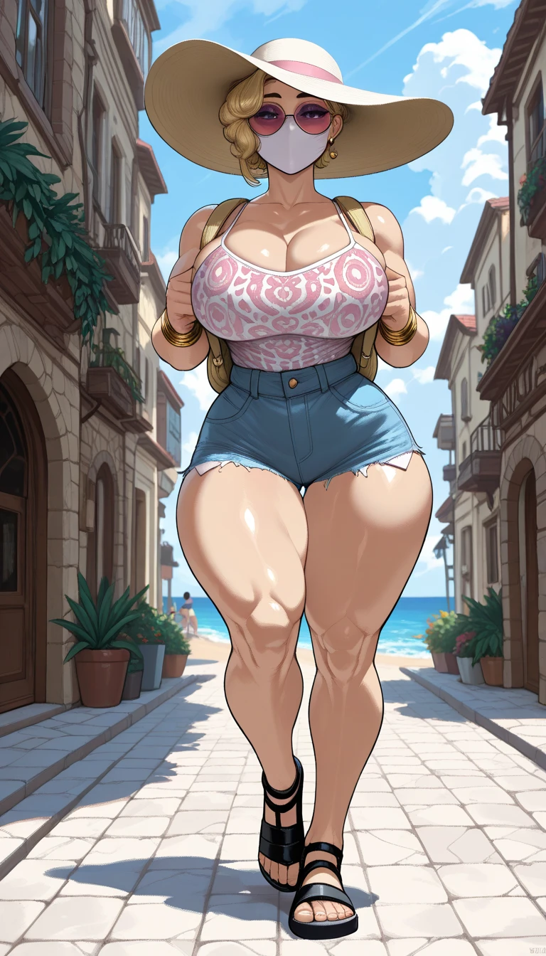 8K, ((masterpiece)), ((stunning artwork)), (carefully drawn), (highly detailed), solo, alone, uploaded to e621.net, solo, by meesh, by darkgem, by wfa, by kevinsano, diane foxington, eyebrow piercing, female, detailed eyes, perfect eyes, (huge breasts:1.2), nipple outline, (sling bikini:1.5), standing upright, older woman, milf, short, curvy, thick, bare midriff, bare feet, standing on sand, walking toward viewer, smiling, tail, beachside, venice beach, los angeles, sunny day, brightly lit, standing upright, casual posture, crowded, figures in background