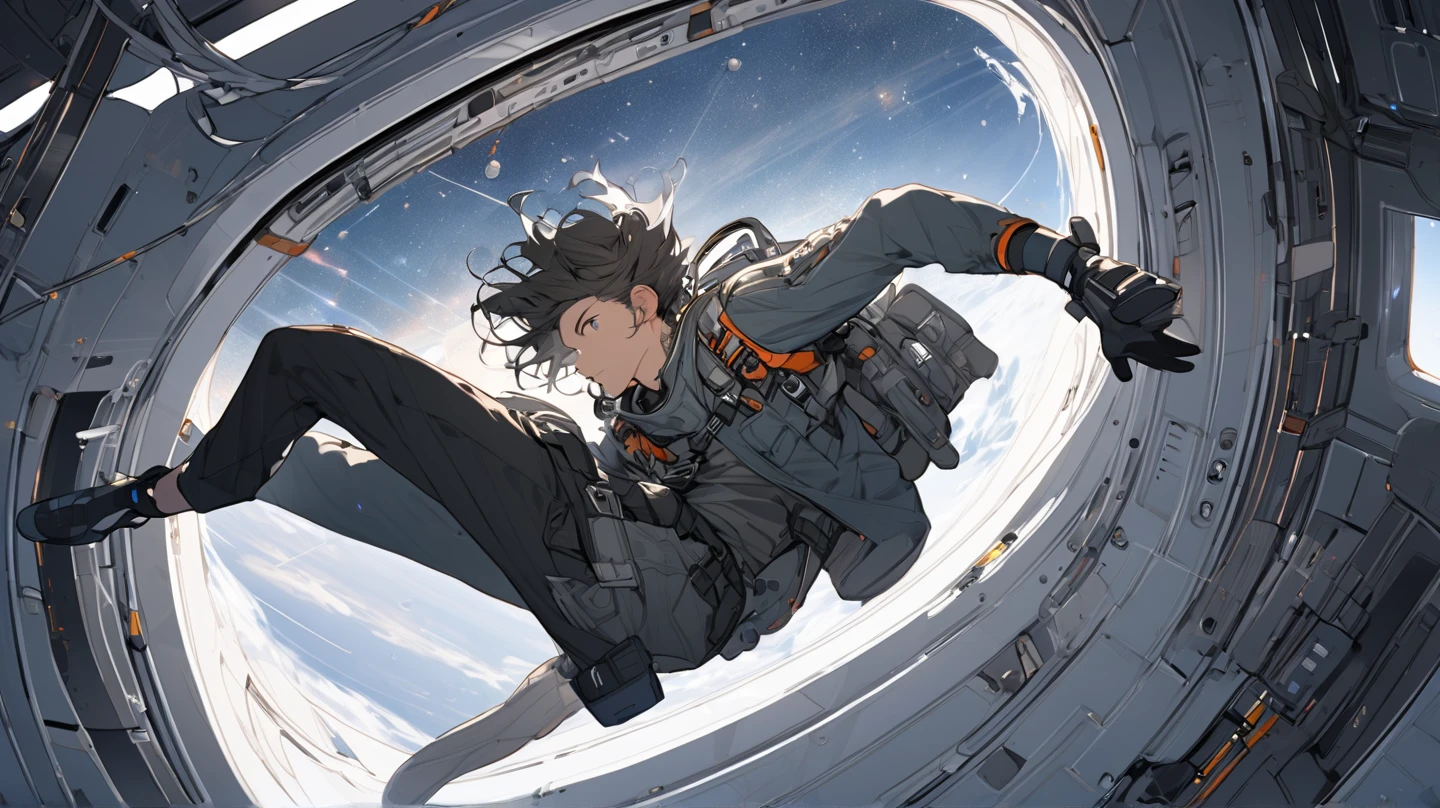 "alta resolução, (obra-prima:1.4), super detalhada, Portrait in aerial view, 1 boy floating in space " --v 6