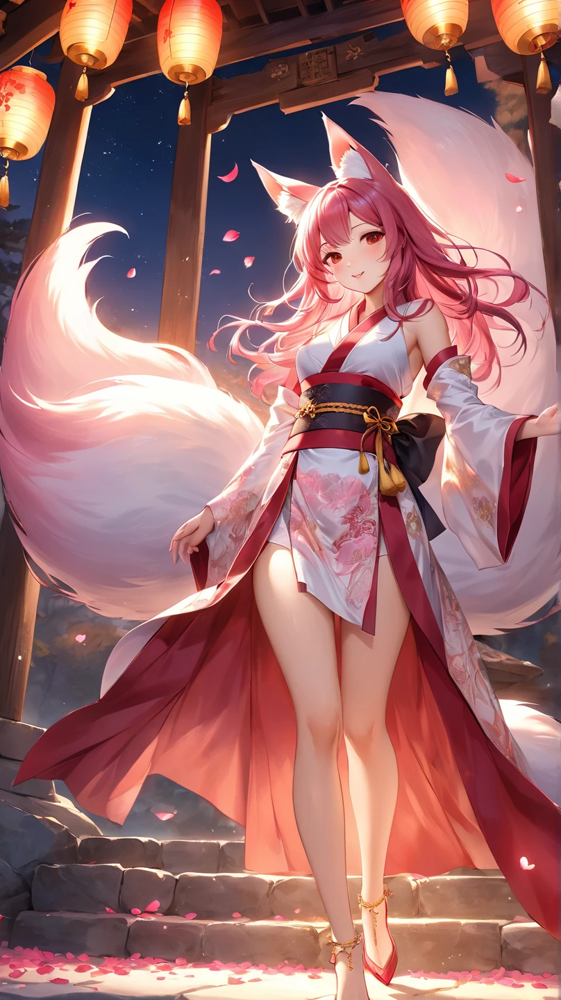 With delicately pointed fox-like ears atop her head and nine voluminous, fluffy tails cascading behind her, the enchanting figure before us embodies a mystical and ethereal beauty. This stunning portrayal, whether in a painting, photograph, or digital art, captures every nuance of her otherworldly allure. The vibrant colors of her fur, a mesmerizing blend of fiery oranges and soft creams, seem to shimmer and dance in the light, highlighting the intricate details of each tail and ear. The image is so exquisitely rendered that one can almost feel the softness of her fur and hear the gentle rustling of her tails as she moves. It is a masterful work of art that immerses viewers in a world of fantasy and wonder. and make her more sexy by giving her very big and ass give her a h cup chest. and a small beauty spot on her right breast. anime-style Japanese hair, shiny crimson hair, Her dress has a beautiful shimmering pulsating gold pattern that gives it an extraordinary look, golden butterflies fly next to the heroine, with their ethereal Japanese beauty (23 years old). A single lock of hair accentuates her delicate features, and she is adorned with sparkling gems. Her expressive eyes shine with emotion, and her fair skin complements her slender figure. This stunning character comes to life through digital painting. milky white skin and sky blue and mint green eyes. her eyes are bright and shiny. her frock reaches her ankle. give her a night time background walking among Sakura tress with golden butterflies fly next to the Girl. her nine-tails flow beautifully behind her clearly visible and she is wearing a nice Japanese style sandals. has a big firm ass wearing white stockings with golden design on them her kimono reaches to the ankle and her nine-tails dance behind her in a otherworldly beauty of tails sakura tree petals and golden butterflies