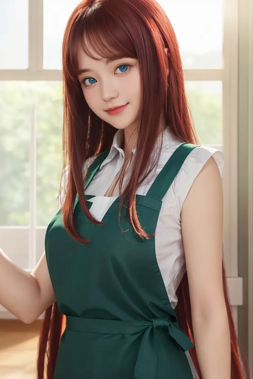 A breathtaking masterpiece、Captured in breathtaking 8K resolution、The portraits are exquisitely detailed and realistic.。The scene is bathed in HDR light.、Depicts a beautiful woman at a medium distance、((chignon:1.6、straight hair、red hair))、medium breasts、high school girl、(convenience store clerk、blouse、The apron is clean、Has the store logo。A name tag is attached to the chest、We welcome our customers with a bright smile。)、In a perfect contrapposto pose、Her hands were delicately placed on her head、Smiling amiably at the viewer。She exudes an aura of grace and charm.。