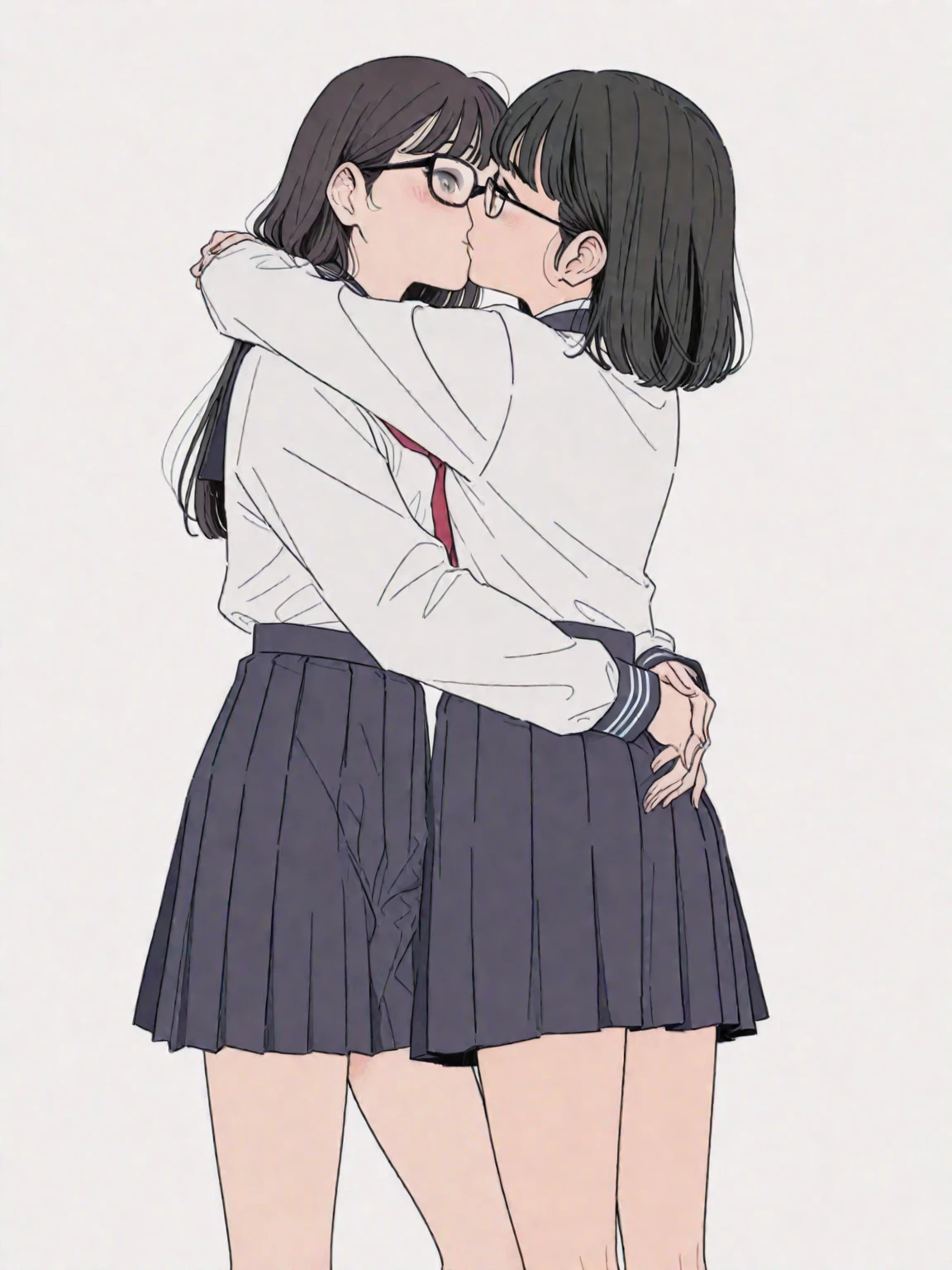 lesbian,yuri,hug tight eachother,blackhair glasses,schooluniform,Legs Intertwined