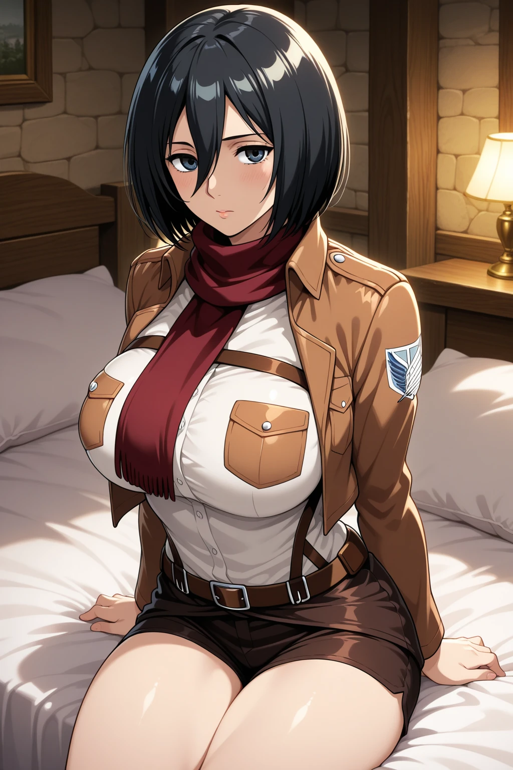 1girl, solo, short hair, bangs, shirt, black hair, hair between eyes, brown eyes, closed mouth, jacket, white shirt, upper body, , scarf, open jacket, lips, wind, red scarf, brown jacket, nose, emblem, paradis military uniform, survey corps (emblem), mikasa ackerman, room, upper body, navel, abs, shirt lift, breasts, holding breasts, hand on breasts, hands on own breasts, bouncing breasts, nipples. looking down, blush, side, on side
