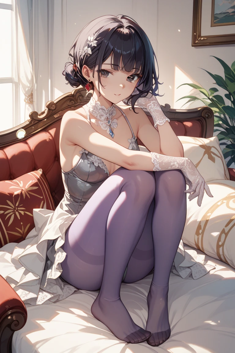 best qualtiy, tmasterpiece, 超高分辨率, realisticlying, 1girll, Claret long hair,Heterochromic pupils,Long legs,a ball head,(Lace lingerie big breasts),Purple stockings,Slightly drunk,Black heels,Raise your hands and quilt,sitting in the couch,wide angles